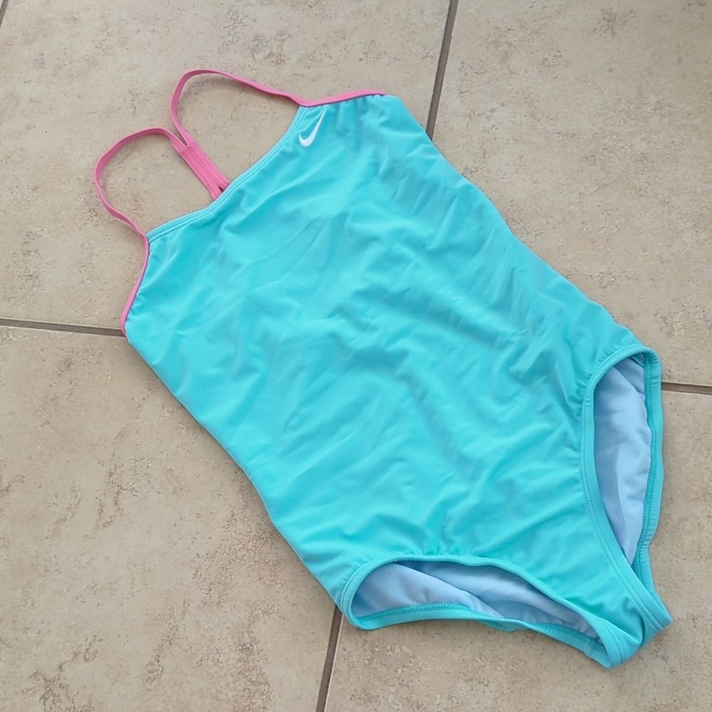 Nike Girls Blue With Pink Trim Racerback One Piece Swimsuit - Size L